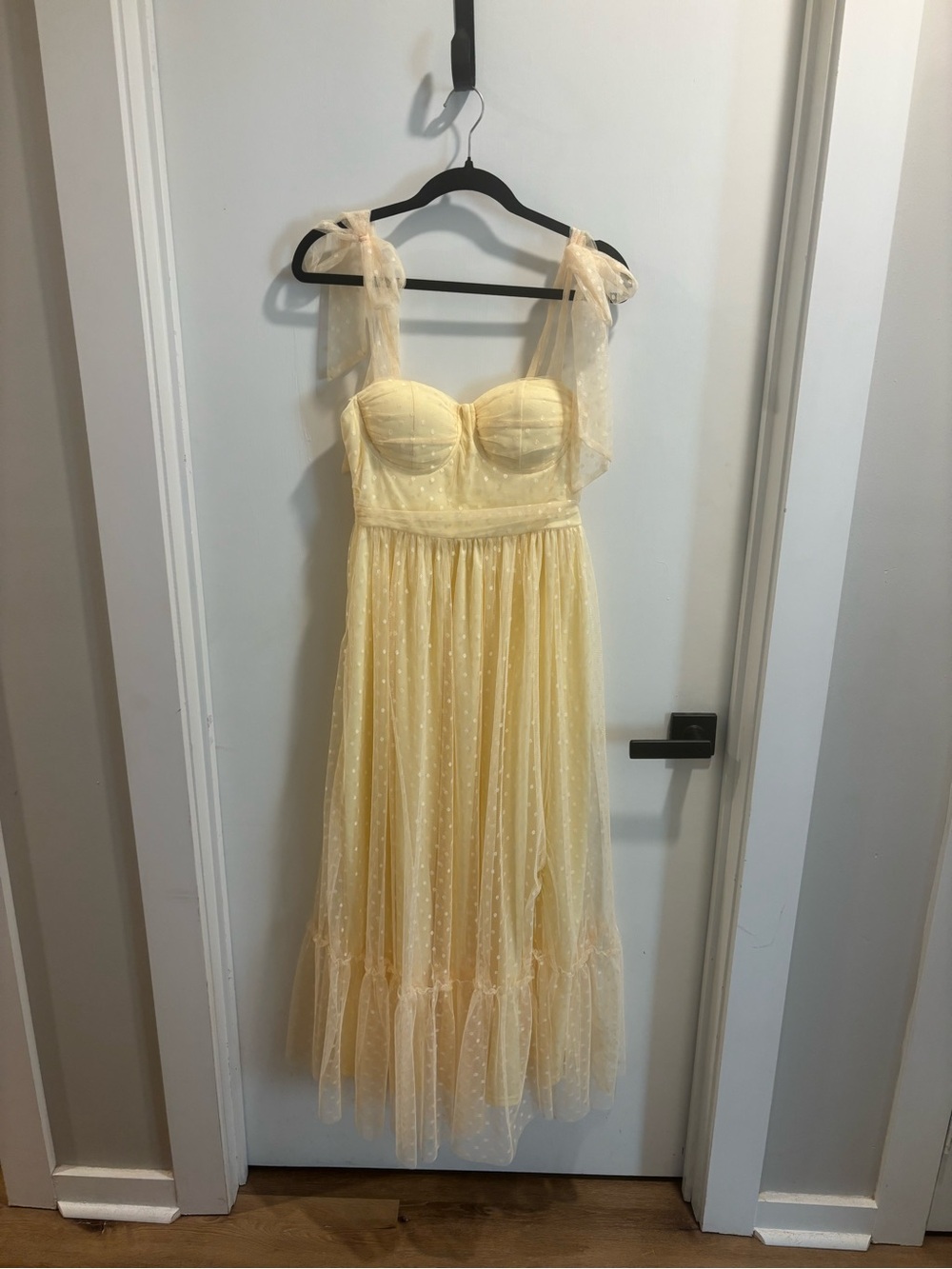 Pale Yellow Polka Dot Tulle Midi Dress with Tie Straps